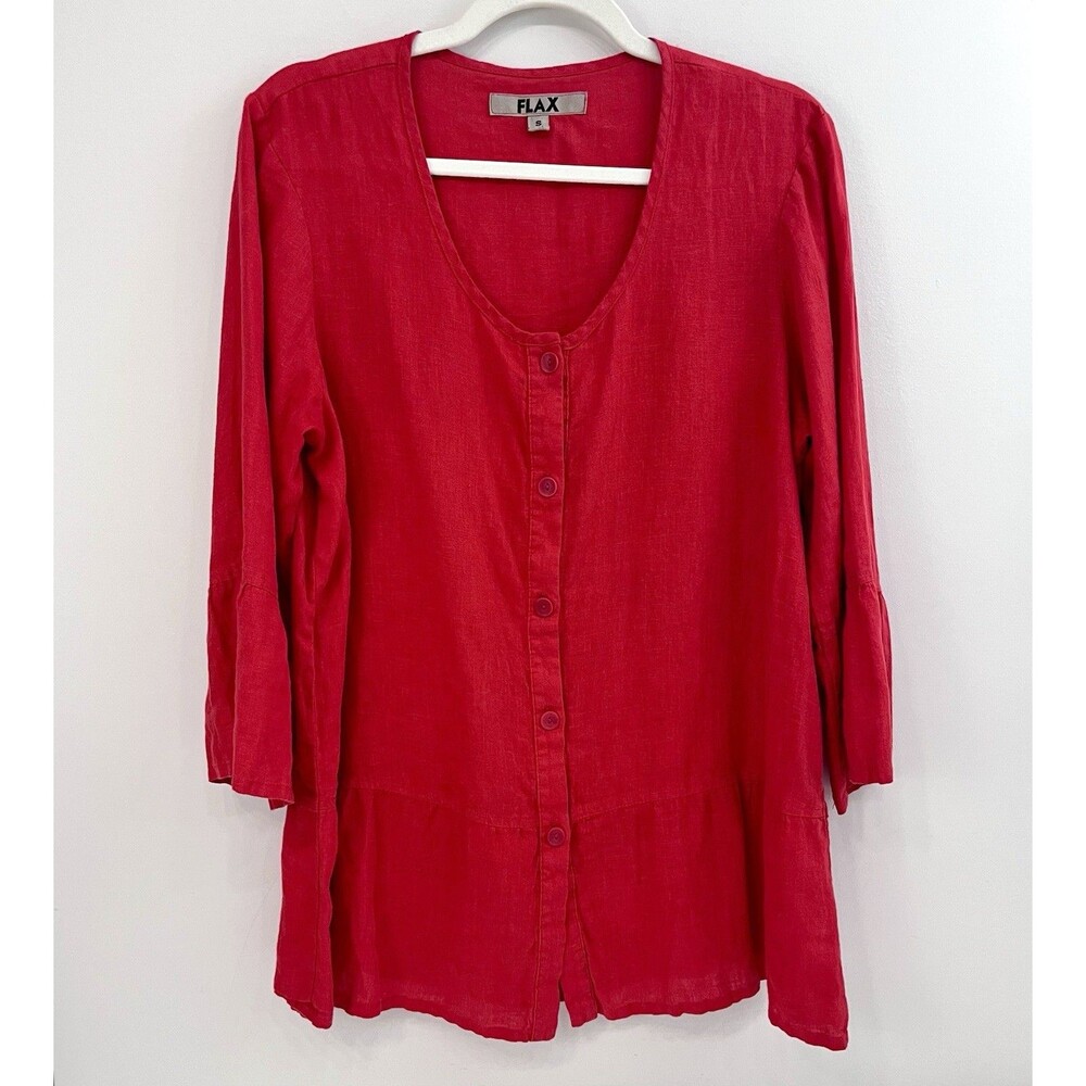 Flax 100% Linen Shirt Red Oversized Lagenlook Lagom Sz Small